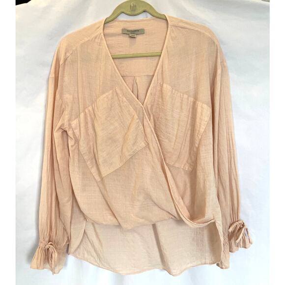 AllSaints Penny Soft Pink Twist Front V Neck Long Sleeve Blouse Top, Small - Picture 1 of 5
